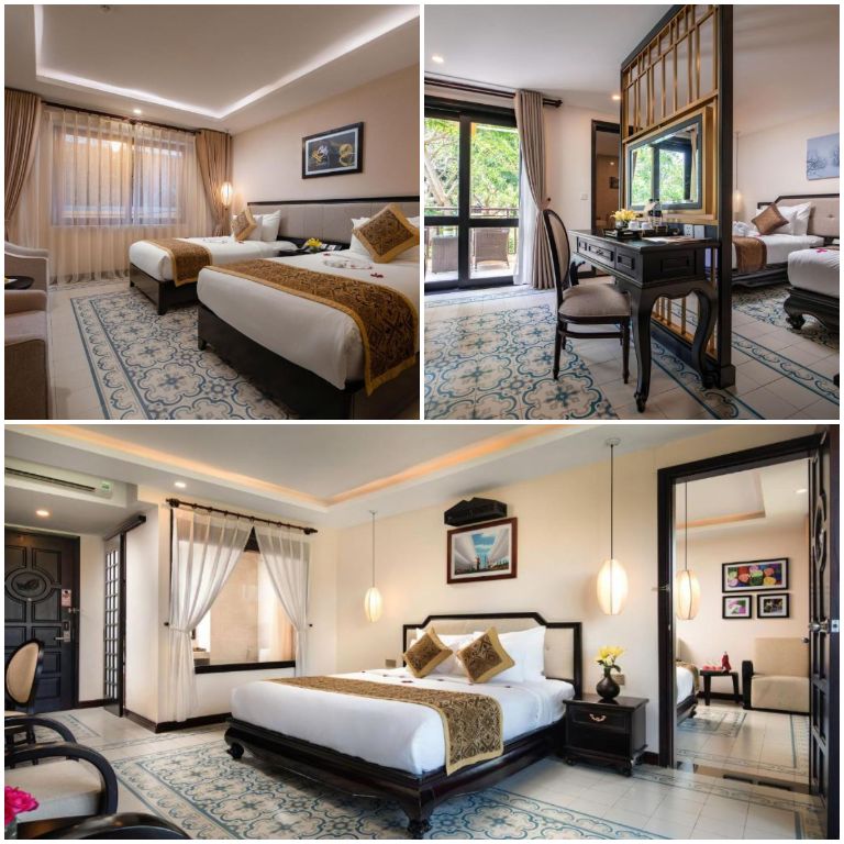 Silkotel Hotel Hội An sở hữu hệ thống phòng nghỉ mang thiết kế ấn tượng với trần thạch cao, nội thất được làm toàn bộ từ cói và vải dạ.