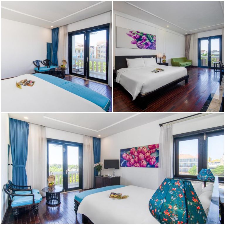 Khách sạn Thanh Bình 1 Hội An với các căn phòng mang không gian thoáng với sắc xanh kết hợp với sàn nhà lát gỗ tối màu. 