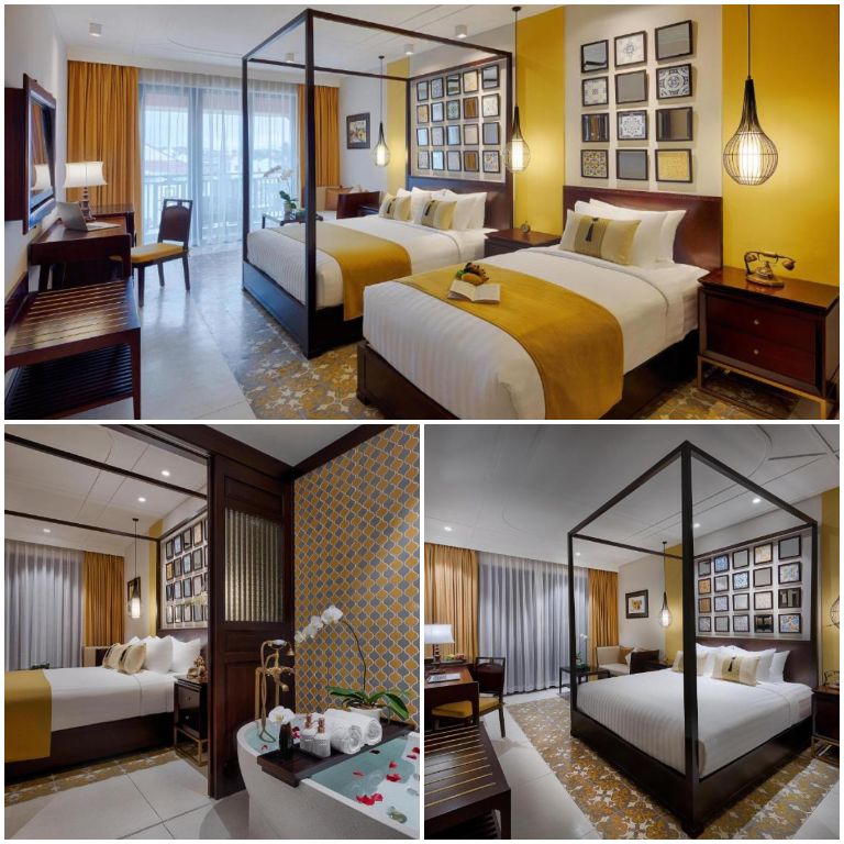 Allegro Hoi An A Little Luxury Hotel & Spa với phòng ốc được bao phủ bởi tone màu vàng mù tạt kết hợp với hệ thống tranh ảnh. 