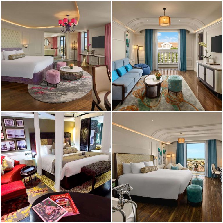 Hotel Royal Hội An với các căn phòng nghỉ với màu sắc sặc sỡ của gam màu như tìm, hồng và trắng, mang nét đẹp cao cấp Pháp.