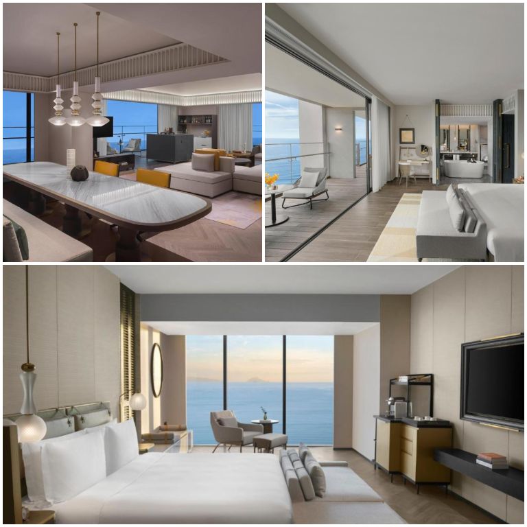 Khách sạn và Suite Hoiana với phòng nghỉ mang lối thiết kế sang chảnh với tone trắng chủ đạo và nhiều cửa sổ chạm sàn. 