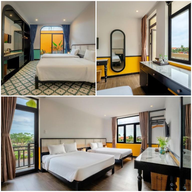 Hoian Ivy Hotel với các căn phòng với các gam màu nhẹ nhàng như trắng, xanh và vàng kết hợp cùng những hoa văn độc đáo trên thảm. 