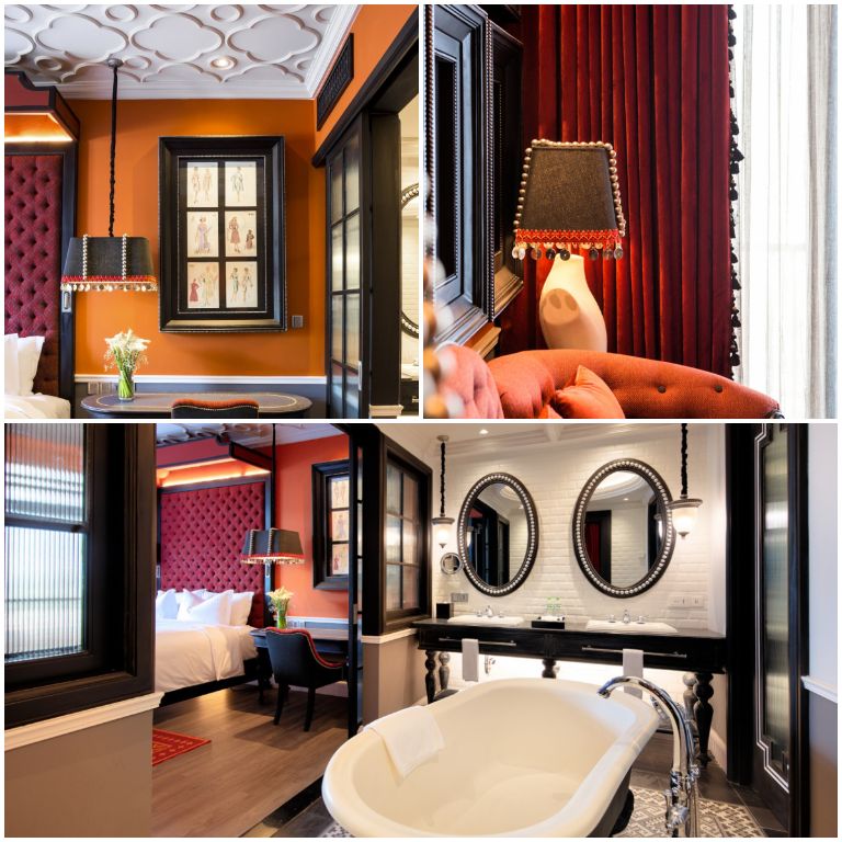 Phòng Deluxe Suite nổi bật với sắc màu mê mị từ màu đỏ đá Ruby đến sắc trắng tinh khôi hoàng gia và tone đen của nội thất. 