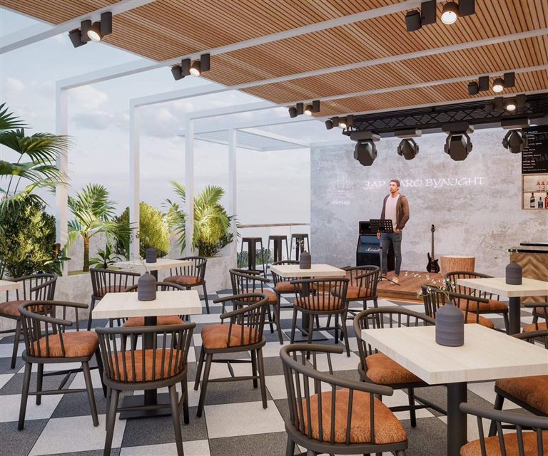 Nhà hàng và quán cà phê sân thượng là không gian lý tưởng cho du khách ăn uống, thư giãn và ngắm cảnh biển. 