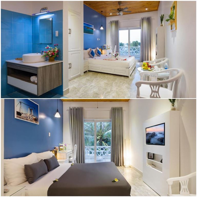 Không gian phòng nghỉ tại Casa Maya Hotel được thiết kế với hai tone màu trắng và xanh biển chủ đạo gần gũi với đại dương. 