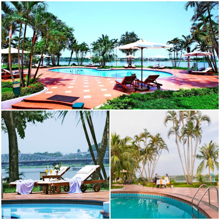 Bể bơi có thiết kế hiện đại, với kiểu dáng đẹp và sạch sẽ, được bao quanh bởi cây cảnh nhiệt đới xanh mát.