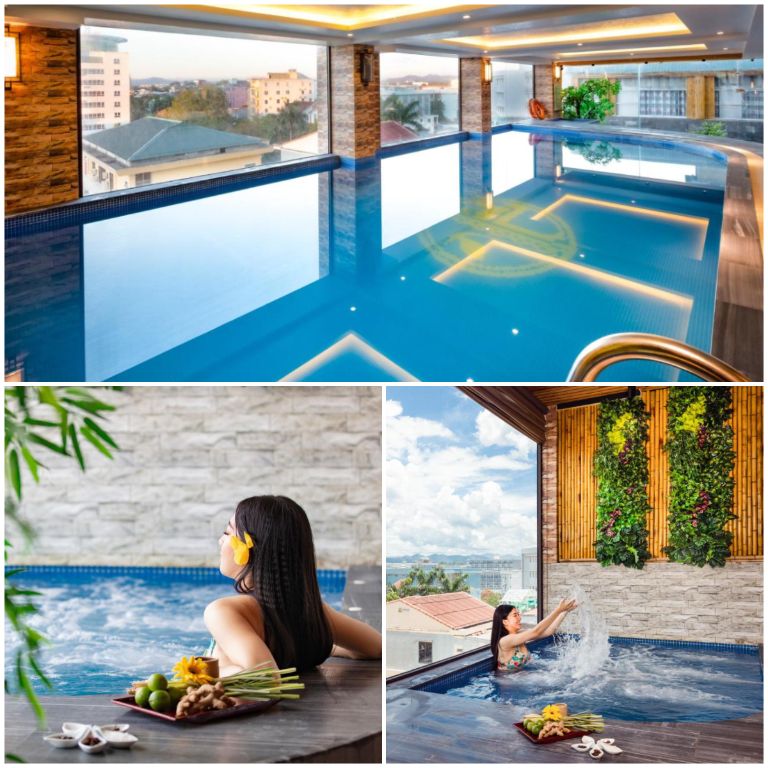 Không gian bể bơi của khách sạn ở Huế gần trung tâm này còn là địa điểm check in siêu chill.
