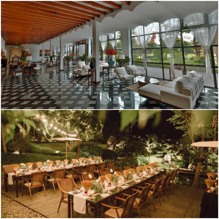 Không gian dùng bữa ấm cúng, sang trọng trong nhà hàng và thoáng đãng tại khu vườn của khách sạn. 
