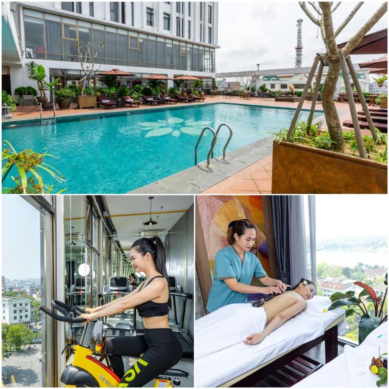 Các dịch vụ tiện ích nổi bật tại khách sạn White Lotus Hue Hotel bao gồm dịch vụ spa, phòng tập gym và bể bơi. 