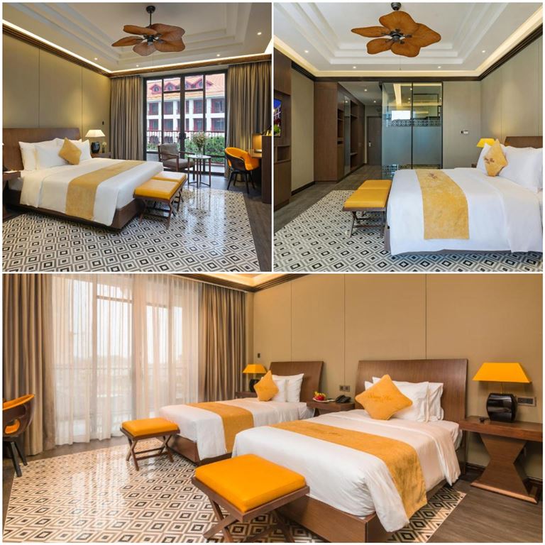 Không gian phòng ngủ cổ kính với tone màu vàng và nâu trầm cùng nhiều vật dụng trang trí đậm chất xưa.