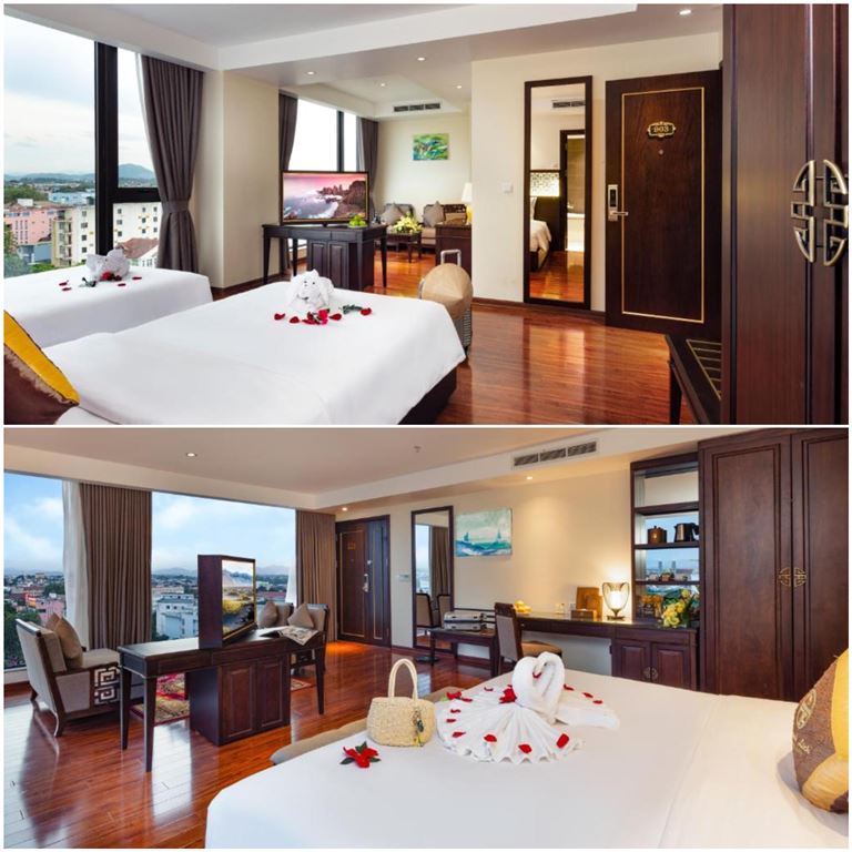 Phòng nghỉ tại khách sạn ở Huế Thanh Lịch được hòa quyện giữa phong cách hiện đại pha lẫn cổ kính đầy nghệ thuật. 
