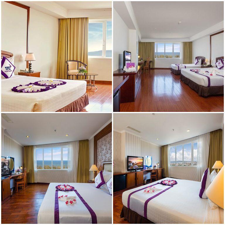 Khách sạn TTC Phan Thiết sở hữu phòng ốc được thiết kế mở với những khung cửa kính lớn và nội thất toàn bộ từ gỗ cao cấp.