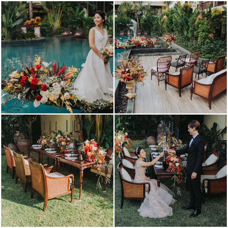 La Siesta Hoi An mang đến một không gian tiệc cưới đầy vintage được tổ chức ngay cạnh bể bơi với thuyền hoa thơ mộng.