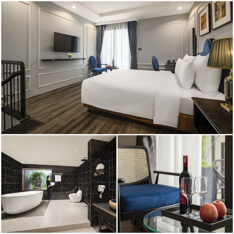 Phòng được thiết kế theo phong cách hiện đại với sự kết hợp giữa các gam màu xanh, trắng và đen (nguồn: Booking.com).