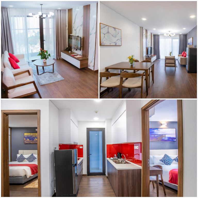 Phòng Deluxe Suite sở hữu các khu vực sinh hoạt riêng biệt trong không gian 66m2 kết hợp nhiều khung cửa kính lớn. 
