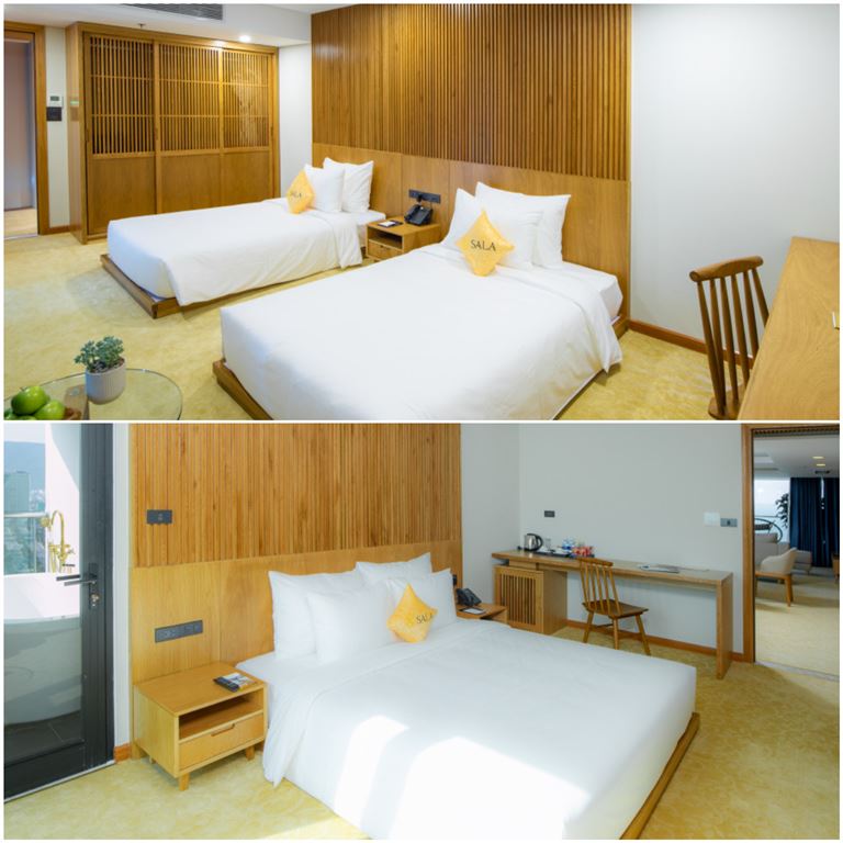 Sala Danang Beach Hotel sở hữu căn hộ hai phòng nghỉ có diện tích lớn, nằm trên tầng 24 với tầm nhìn 360 độ ra biển Mỹ Khê và núi Sơn Trà. 