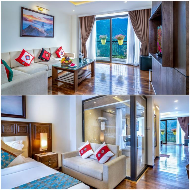 Phòng Suite sở hữu đầy đủ tiện ích đẳng cấp, có không gian phòng khách sang trọng, lịch sự, trang trí đẹp mắt. 