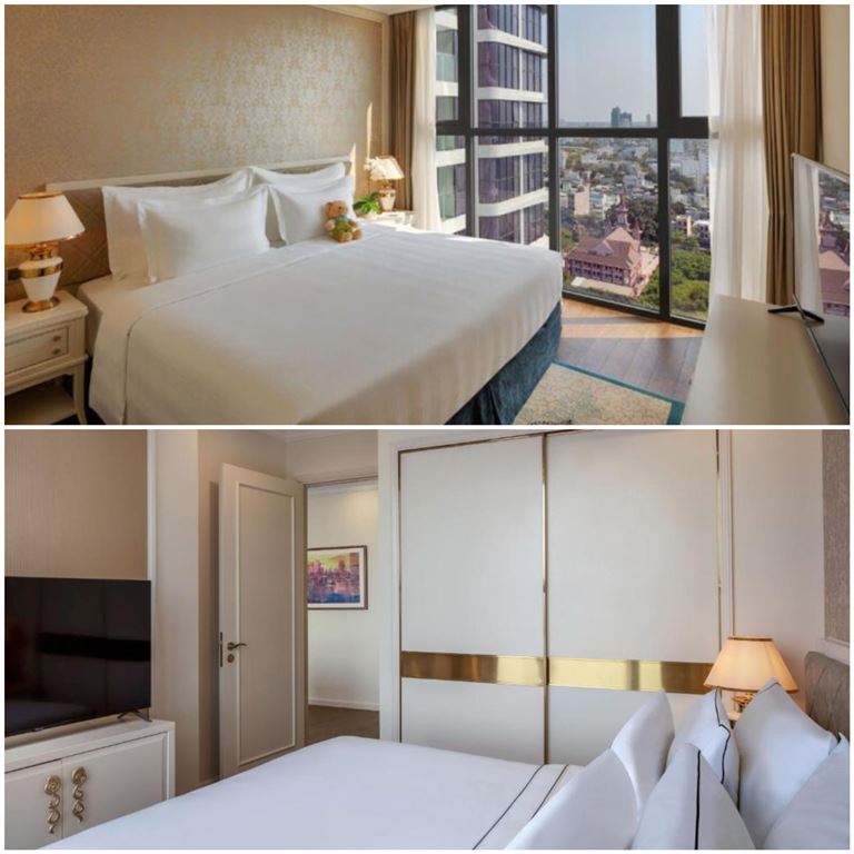 Hạng phòng Suite tại Vinpearl Condotel Riverfront Đà Nẵng được thiết kế theo phong cách tân cổ điển với tường họa tiết hoa văn đẹp mắt, sàn trải thảm nhung êm ái.