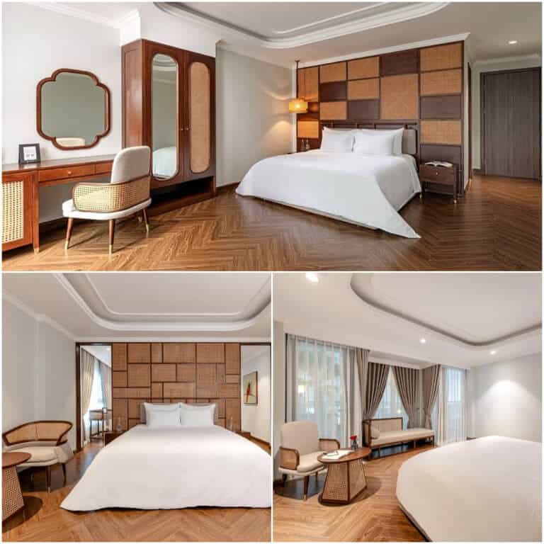Phòng ngủ được sử dụng nội thất gỗ chủ đạo kèm nền trắng tương phản.