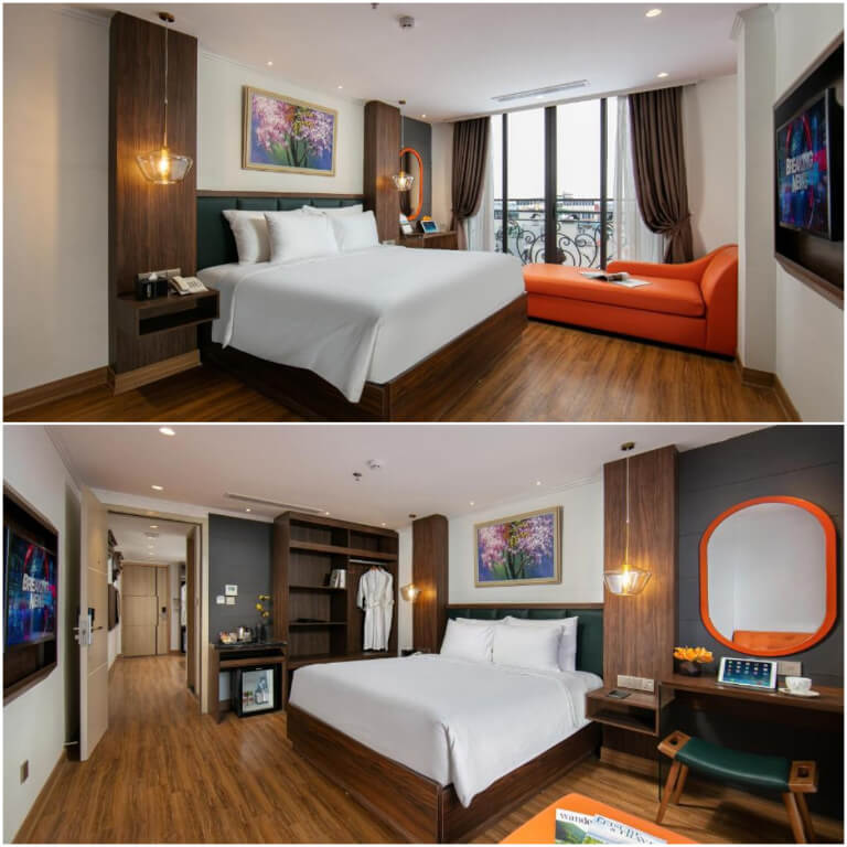 Phòng nghỉ nổi bật với tone cam, mang tính thẩm mĩ cao. 