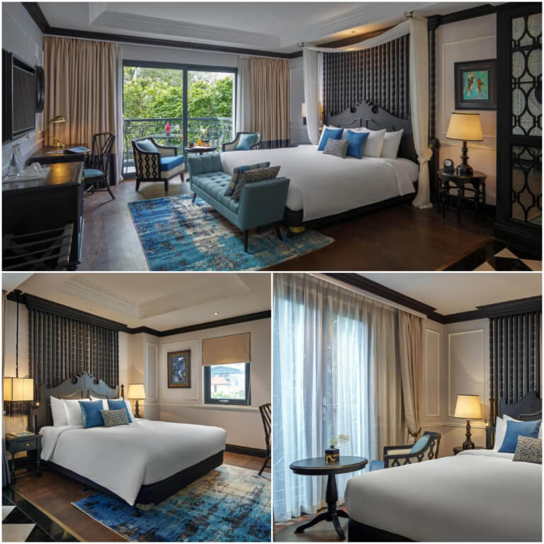 Phòng ngủ được tô điểm với tone xanh dương mang lại sự trẻ trung cho không gian nghỉ dưỡng.