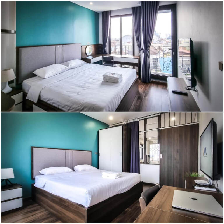 Phòng ngủ nổi bật với tone xanh dương mang lại sự tươi trẻ cho không gian nghỉ dưỡng. 