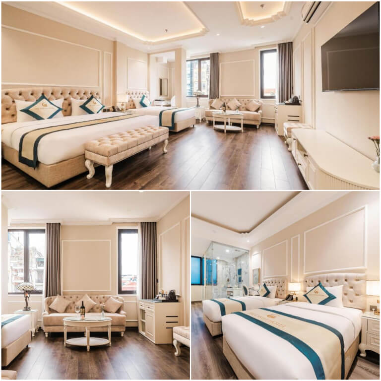 Phòng ngủ mang gam màu be sáng, được bố trí đầy đủ nội thất cao cấp.