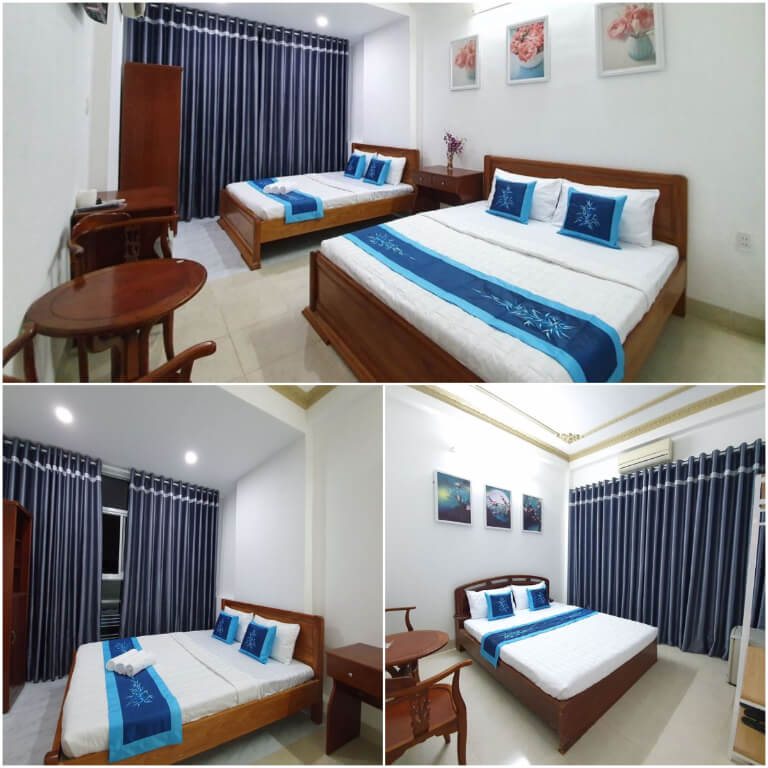 Phòng ngủ mang đến sự tươi mát với sự kết hợp gam màu trắng và xanh.