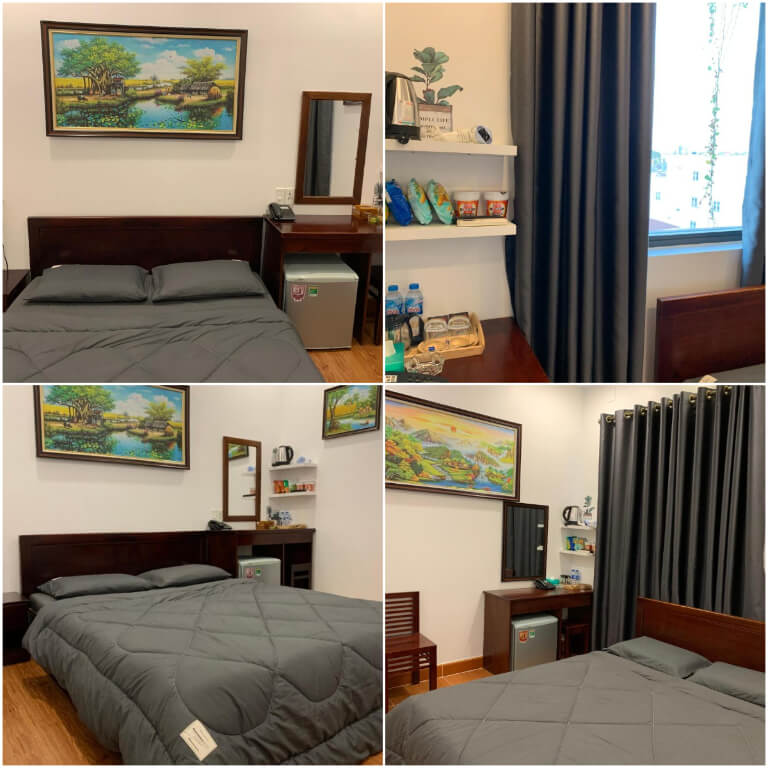 Phòng ngủ được sử dụng tone màu xám ghi tương phản với nền tường trắng. 