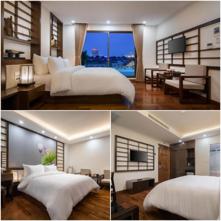 Phòng ngủ hài hòa với tone trắng và nâu gỗ.