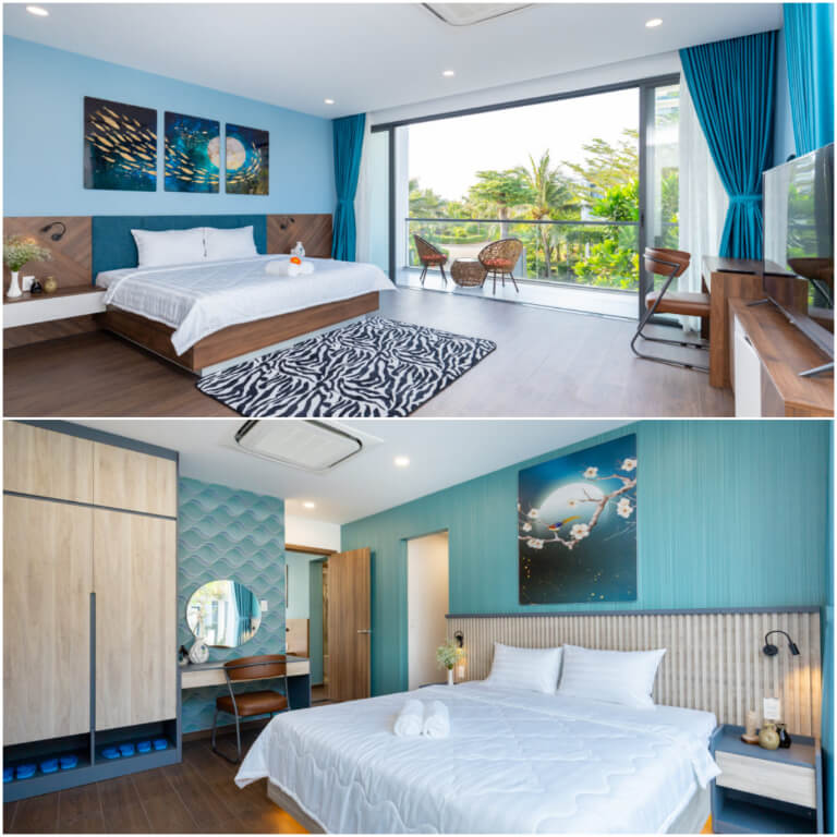 Phòng nghỉ được sử dụng gam màu xanh làm điểm nhấn mang lại sự trẻ trung. 