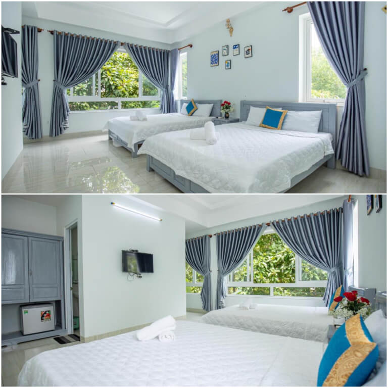 Phòng ngủ được kết hợp 2 gam màu trắng và xanh dương độc đáo, mang lại sự tươi mát, trẻ trung. 