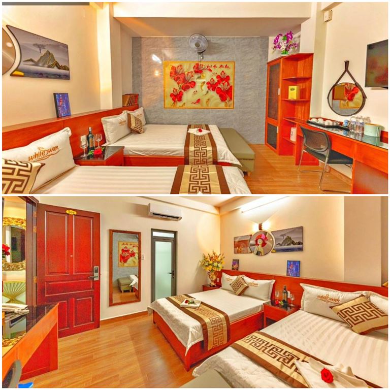 Các phòng được thiết kế theo phong cách giản dị, ấm cúng với tone màu nâu, kèm gần gũi. 