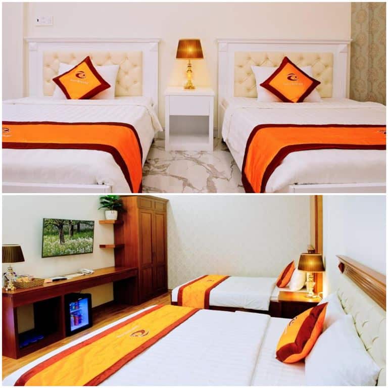 Phòng nghỉ tại Hotel MeKong được thiết kế theo phong cách cổ điển pha lẫn hiện đại với tường và sàn lát gạch hoa văn độc đáo. 
