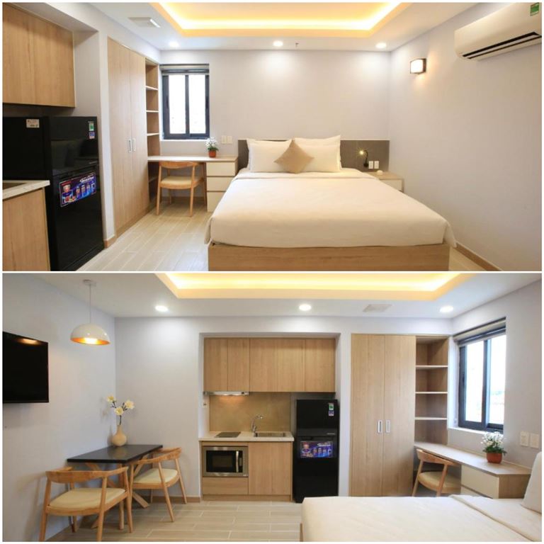 Không gian phòng nghỉ rộng rãi, thoáng mát được thiết kế theo phong cách tối giản với sàn gỗ, sơn trắng. 