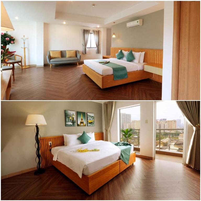 Khách hàng hài lòng với không gian phòng nghỉ sang trọng, đẳng cấp với sàn gỗ, trần thạch cao hiện đại. 