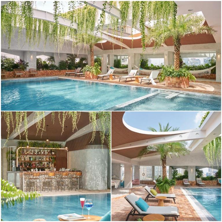 Hồ bơi của Silverland Mây Hotel mang phong cách thiết kế độc nhất vô nhị, trồng nhiều loại cây xanh thoáng đãng. 