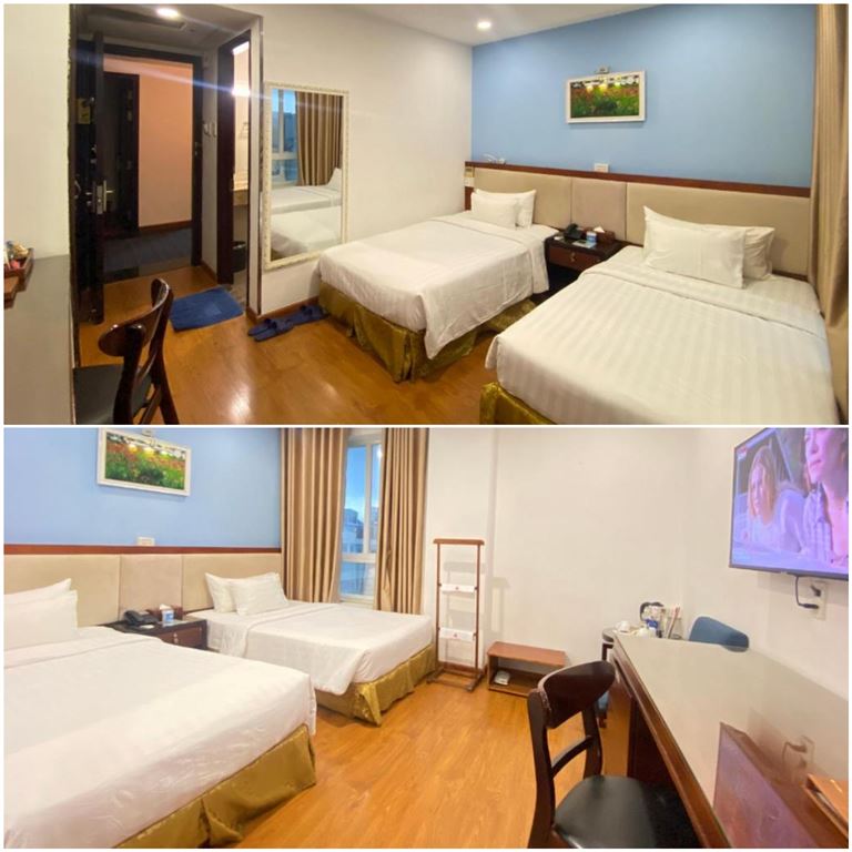 Khách sạn sở hữu hạng phòng Deluxe được thiết kế theo phong cách hiện đại, kết hợp đẹp mắt bởi hai tone màu xanh, trắng. 