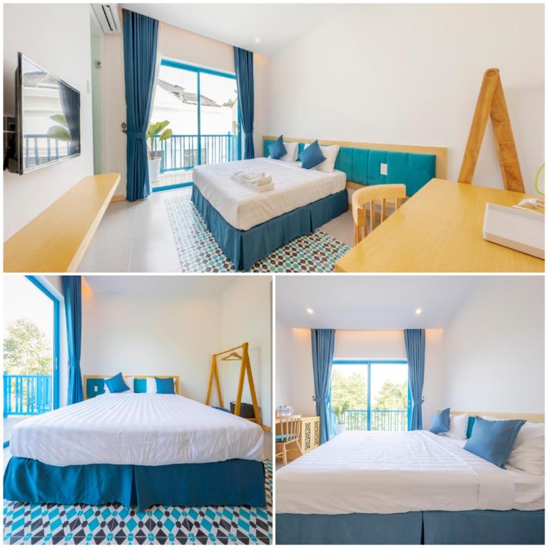 Phòng ngủ được đánh giá cao về phong cách thiết kế, với sắc xanh dương, trắng và nâu hòa quyện hoàn hảo. 