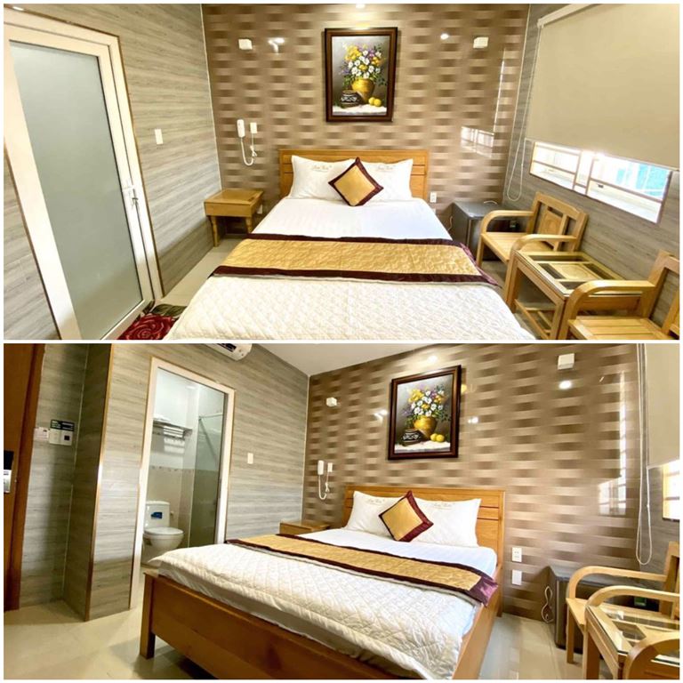 Không gian phòng nghỉ thoáng rộng, được cung cấp giường đôi cùng các tiện nghi cơ bản. 