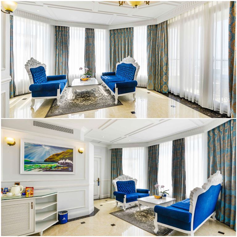 Hạng phòng Executive Suite Family được thiết kế theo phong cách đương đại thanh lịch, sử dụng tone màu trắng, be, xanh. 