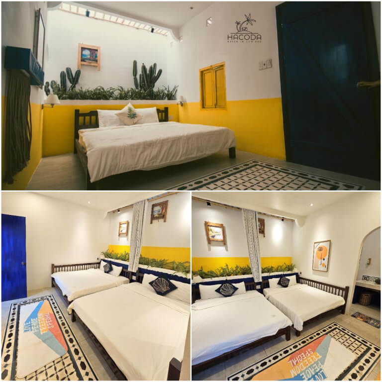 Phòng ngủ mang đậm kiến trúc Địa Trung Hải với những gam màu sáng, nổi bật.