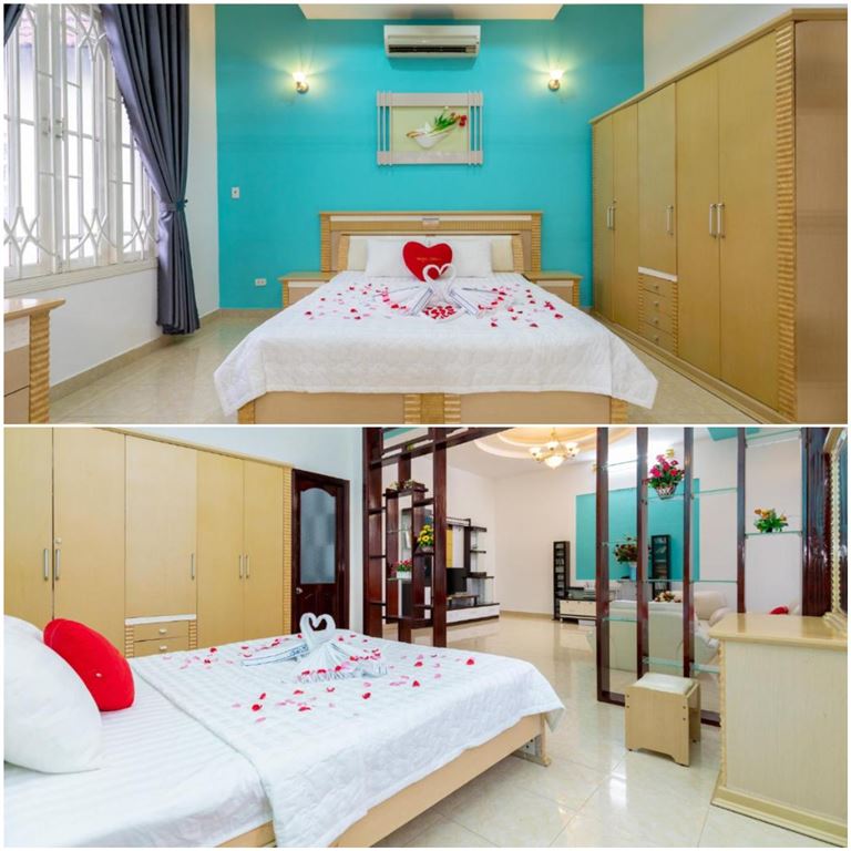 Các phòng ngủ được trang trí theo phong cách khác nhau, bố trí giường đôi cùng nệm futon kiểu Nhật cho khách hàng.
