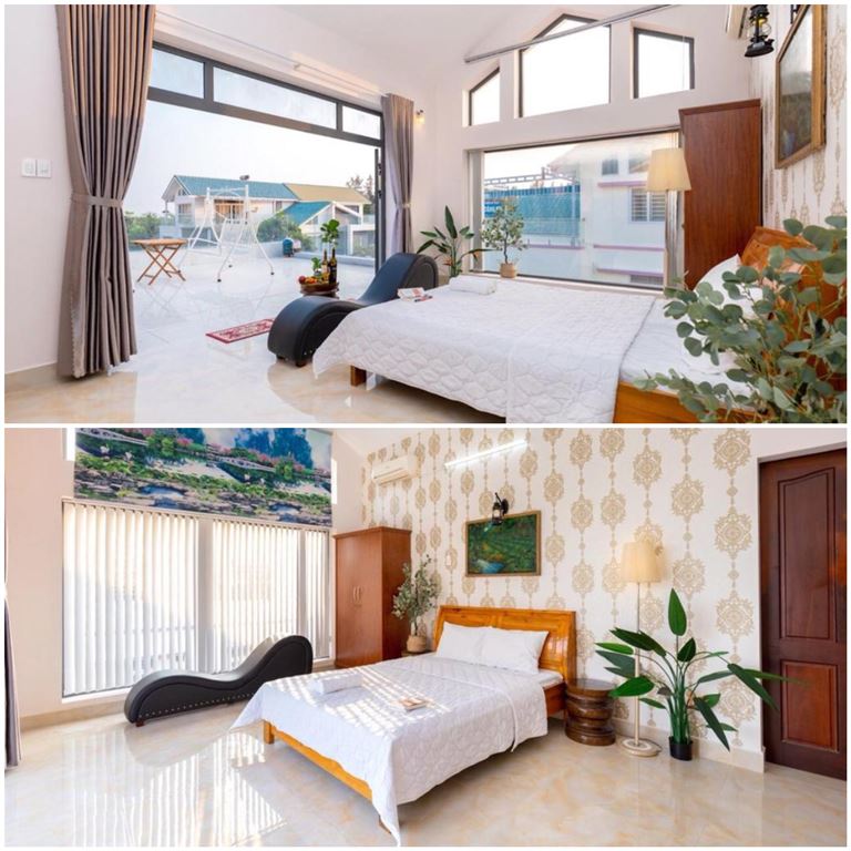 Các phòng ngủ tại La Luxury Villas đều được trang trí tối giản, tùy từng căn sẽ có ban công thoáng rộng hướng ra biển. 