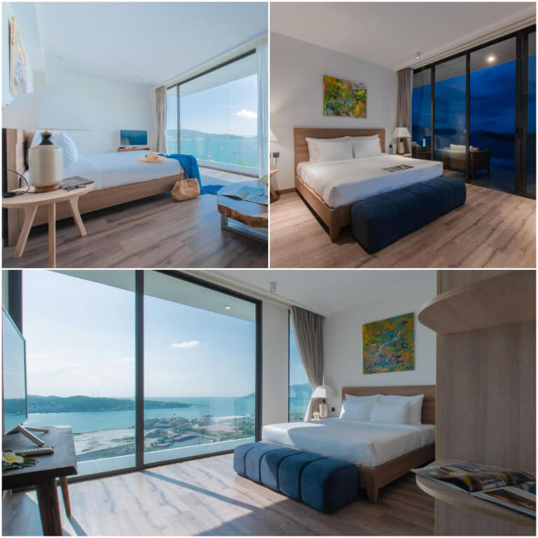 Không gian phòng ngủ khoáng đạt, sở hữu chiếc view siêu đẹp ra biển. 