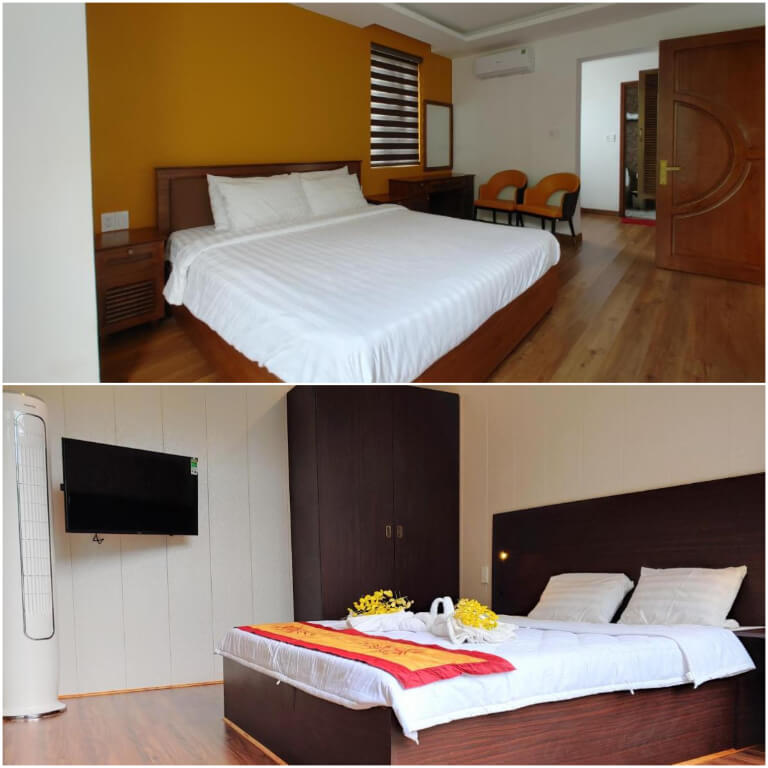 Phòng ngủ được sử dụng hài hòa tone cam và trắng.
