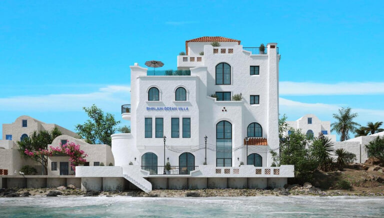 ShinJun Ocean Villa nổi bật với gam màu trắng, nằm ngay sát biển.
