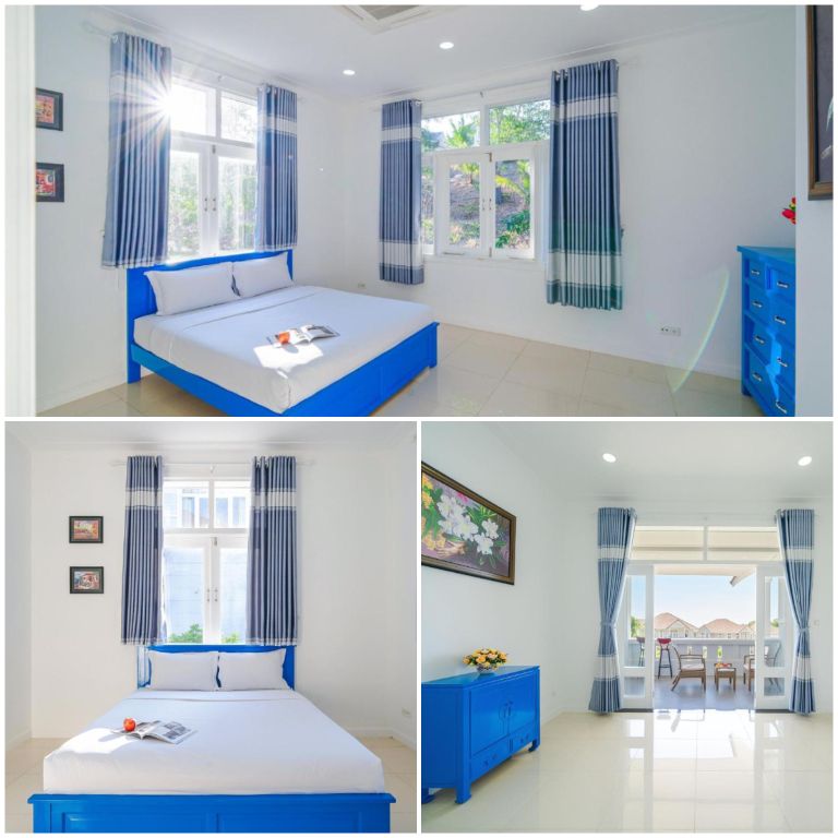 Thiết kế các phòng nghỉ tại villa phan thiết gần biển gây ấn tượng với 2 tông màu trắng và xanh dương nổi bật. 