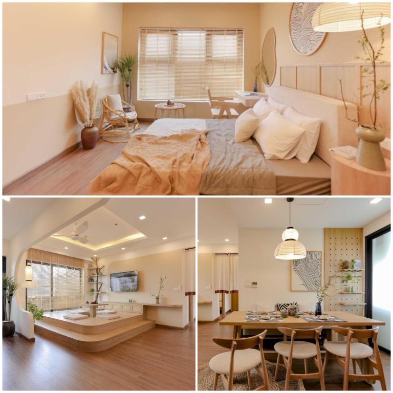 Phòng ngủ hiện đại, sử dụng phong cách Nhật Hàn kết hợp đã làm nên điều khách biệt ở villa Quy Nhơn này. 