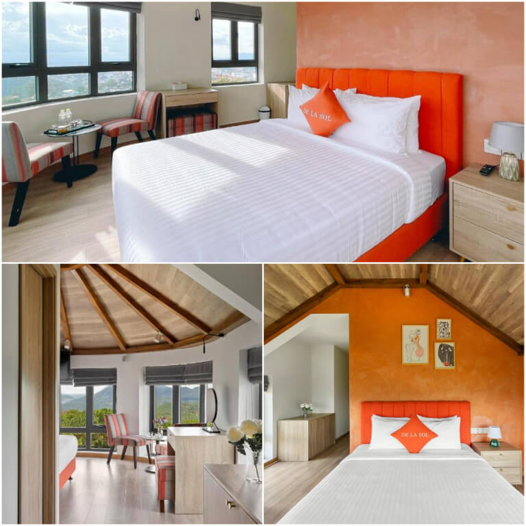 Không gian nghỉ dưỡng ấn tượng với màu cam nổi làm điểm nhấn.